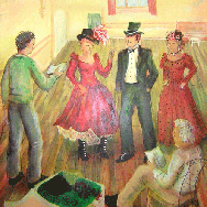Mural of victorian people gathered in room